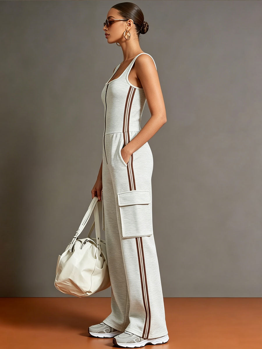 Sporty Retro Striped Webbing Grey And White Cotton Square Neck Zipper Sleeveless Jumpsuit