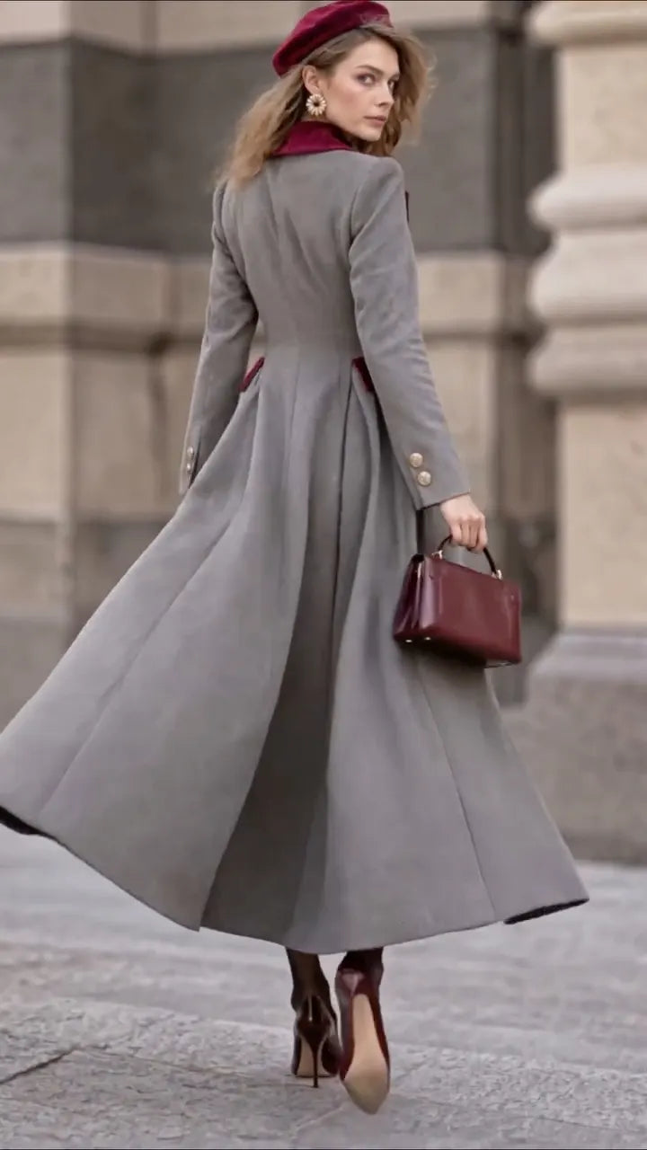 Gray Contrast-Lapel Fit-and-Flare Long Coat