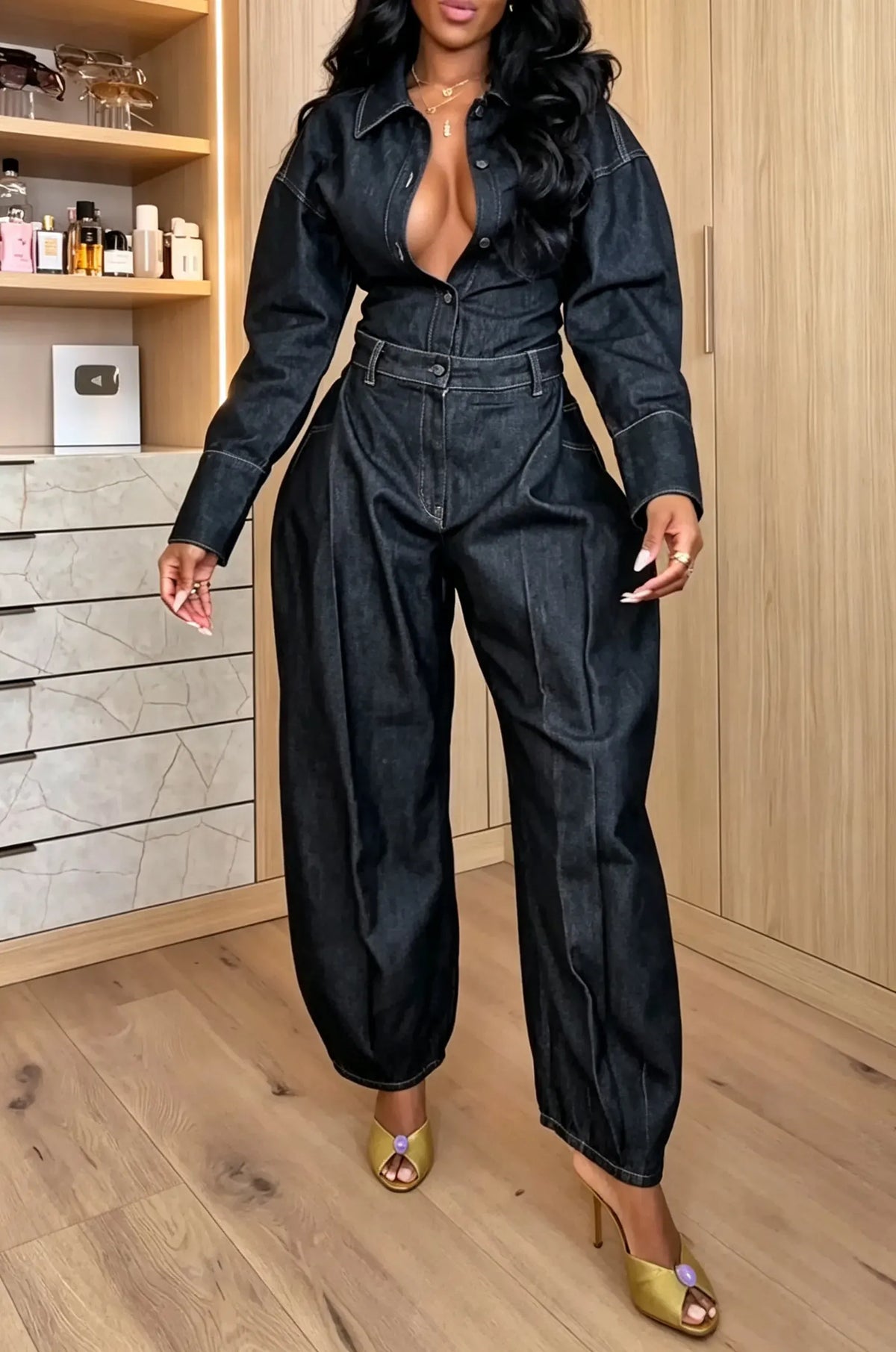 Dark Denim Collared Shirt & Barrel-Leg Pants Set