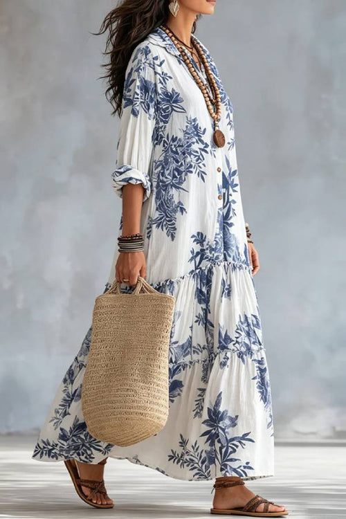 Boho Floral Print Shirt Maxi Dress