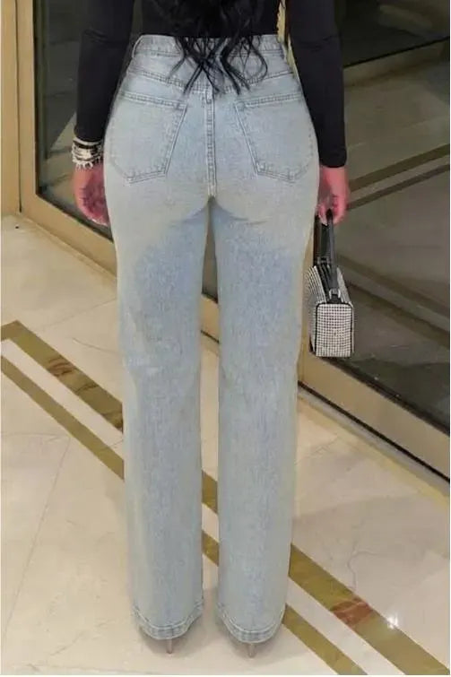 Crystal-Trim Thigh-Cutout Light-Wash Wide-Leg Jeans