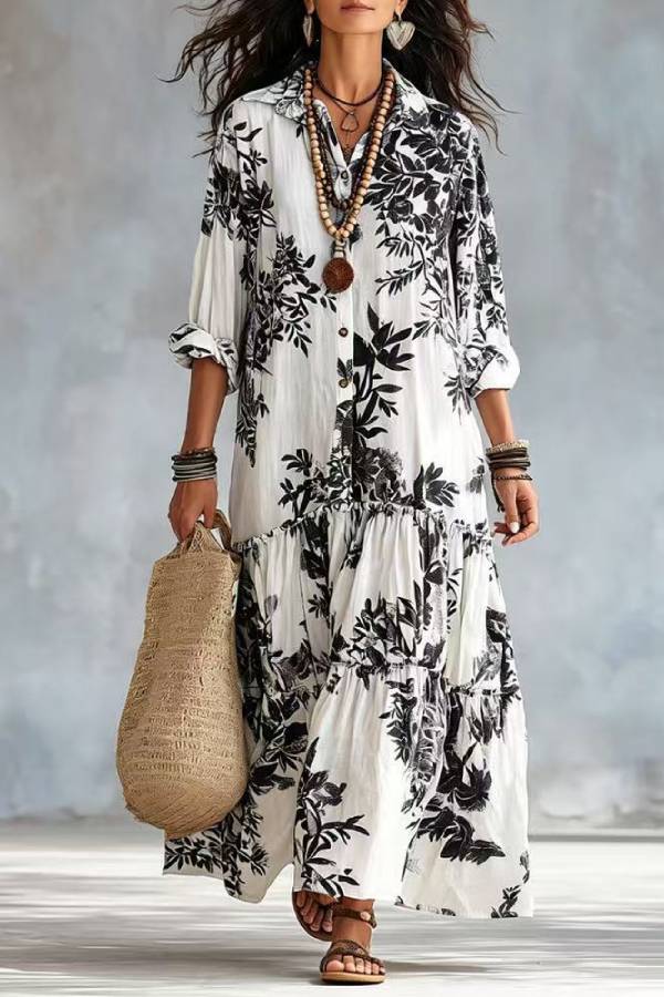 Boho Floral Print Shirt Maxi Dress