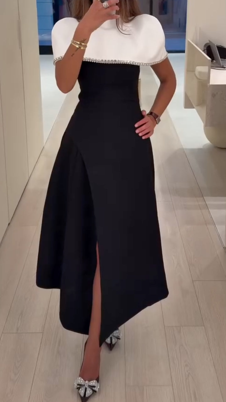 Crystal-Trim Capelet Asymmetric Midi Dress