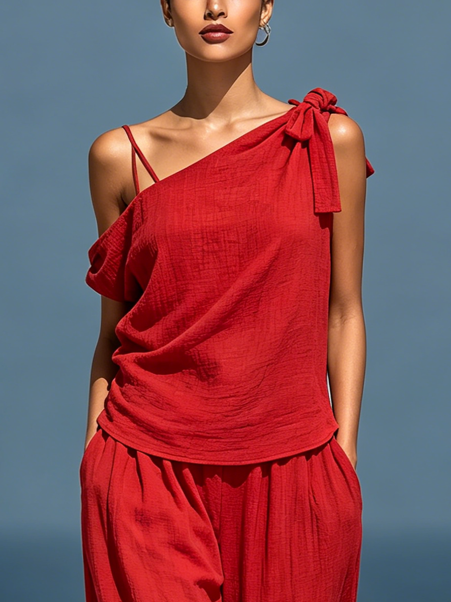 Women’s Red Linen Two-Piece Set: Asymmetrical One-Shoulder Top (Without Neck Scarf) & Wide-Leg Pants With Pockets MDZ2201D4T