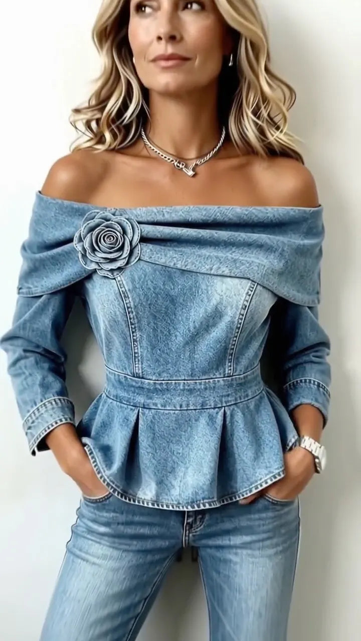 Denim Rose Off-Shoulder Peplum Top