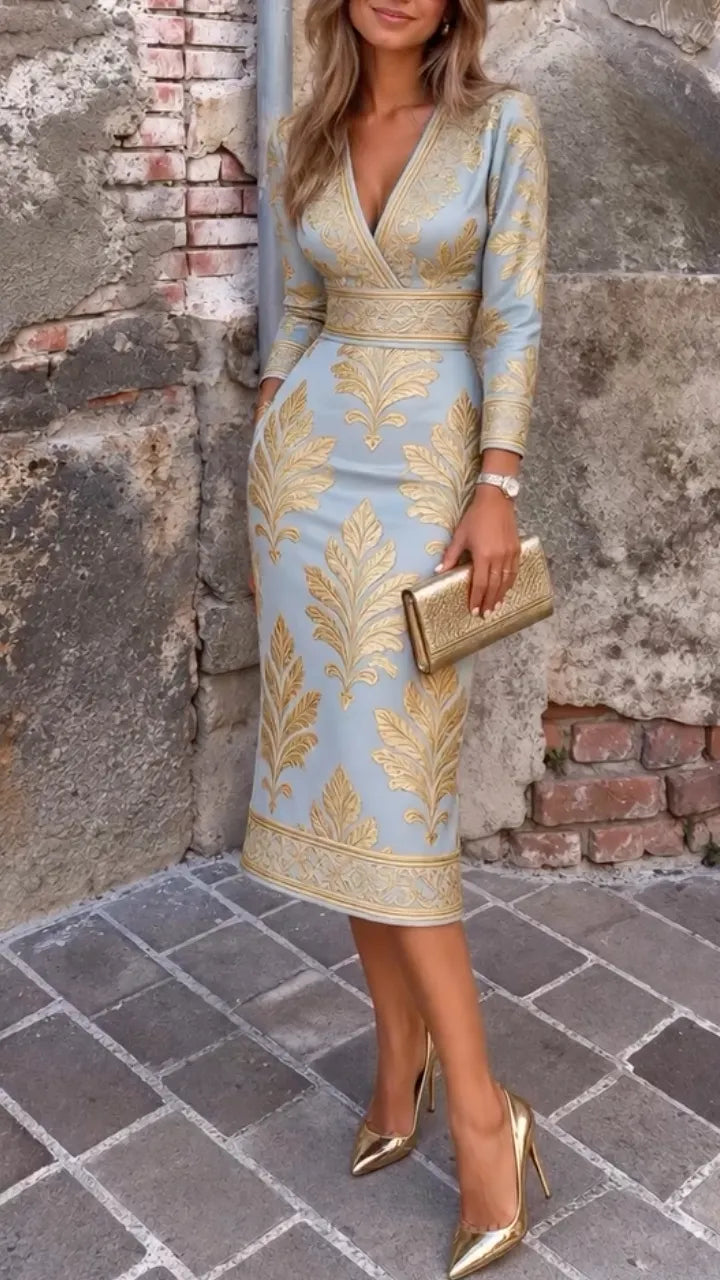 Pale Blue Gold-Leaf Wrap-Neck Midi Dress