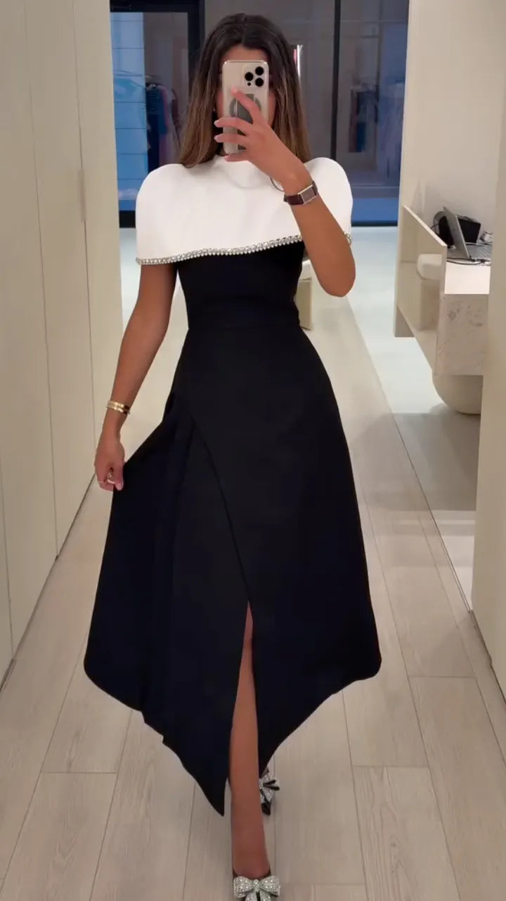 Crystal-Trim Capelet Asymmetric Midi Dress