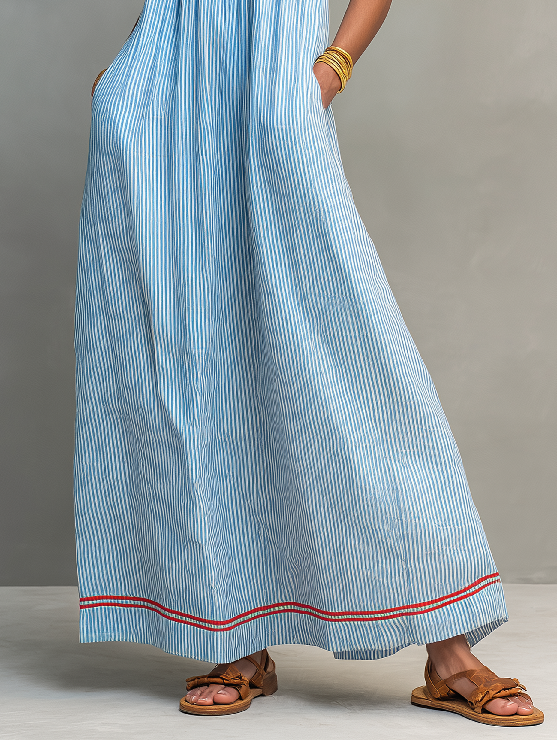 Women's Minimalist Striped Maxi Dress With Red Trim And Spaghetti Straps MDZ2710C3Y