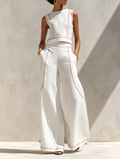 Women's Minimalist Linen-Blend Contrast-Stitched Blouse & Wide-Leg Pants Set MDZ1599E9Y