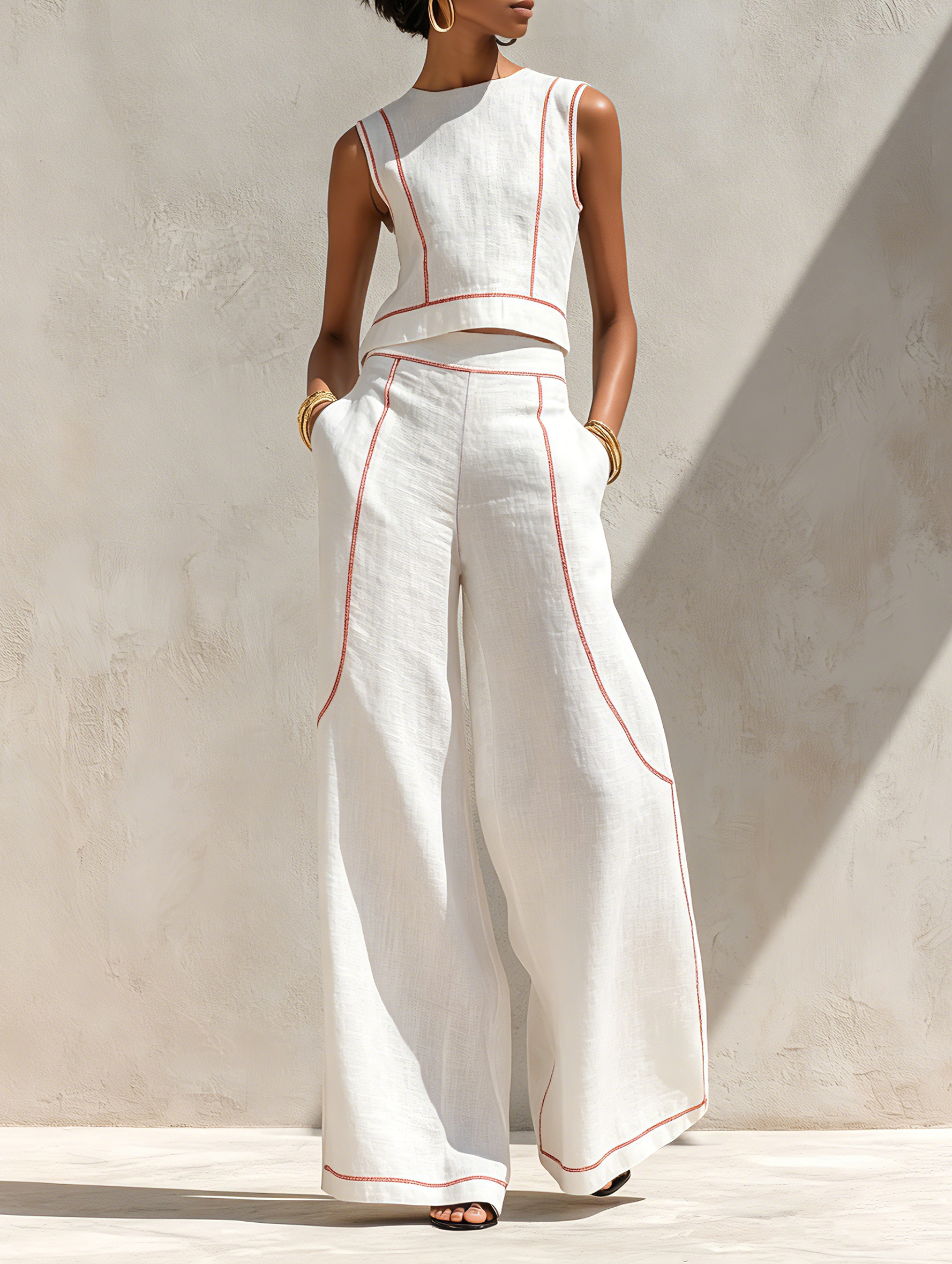Women's Minimalist Linen-Blend Contrast-Stitched Blouse & Wide-Leg Pants Set MDZ1599E9Y