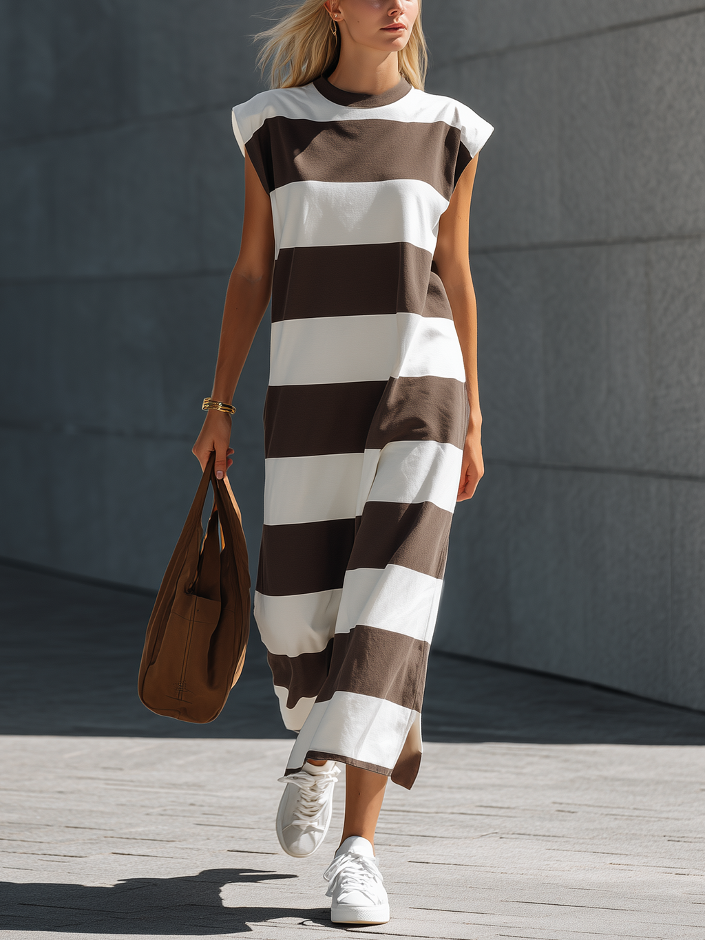 Women's Casual Brown & White Stretch-Knit Maxi Dress — Crew Neck, Sleeveless MDZ2362E0LXY