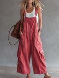 Women's Washed Coral Denim Utility Overalls Jumpsuit