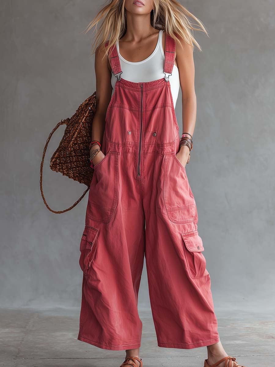 Women's Washed Coral Denim Utility Overalls Jumpsuit