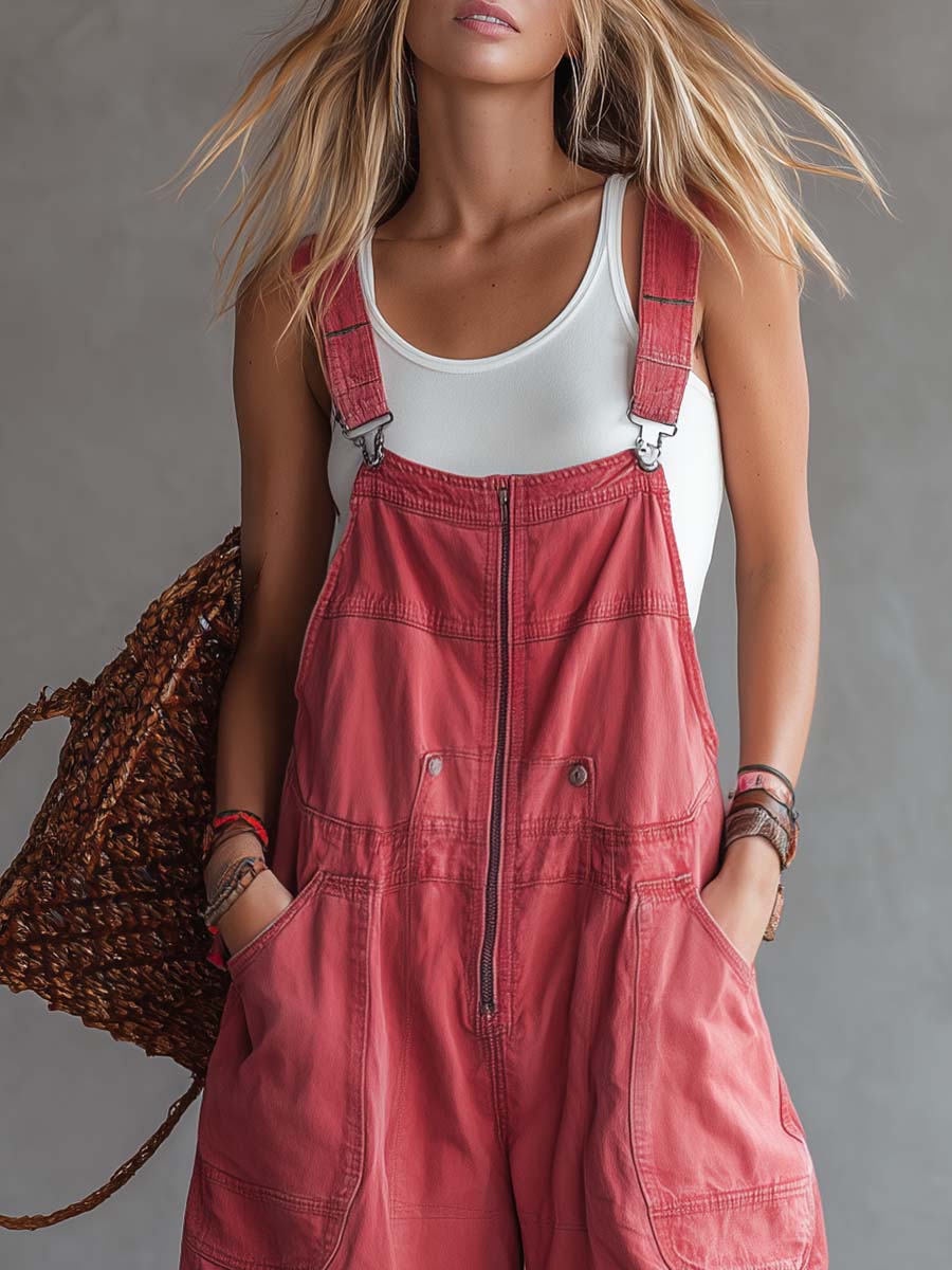 Women's Washed Coral Denim Utility Overalls Jumpsuit