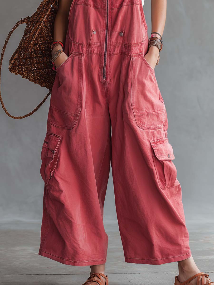 Women's Washed Coral Denim Utility Overalls Jumpsuit
