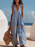 Retro-casual Color-block Trim Blue Striped Oversized Jumpsuit