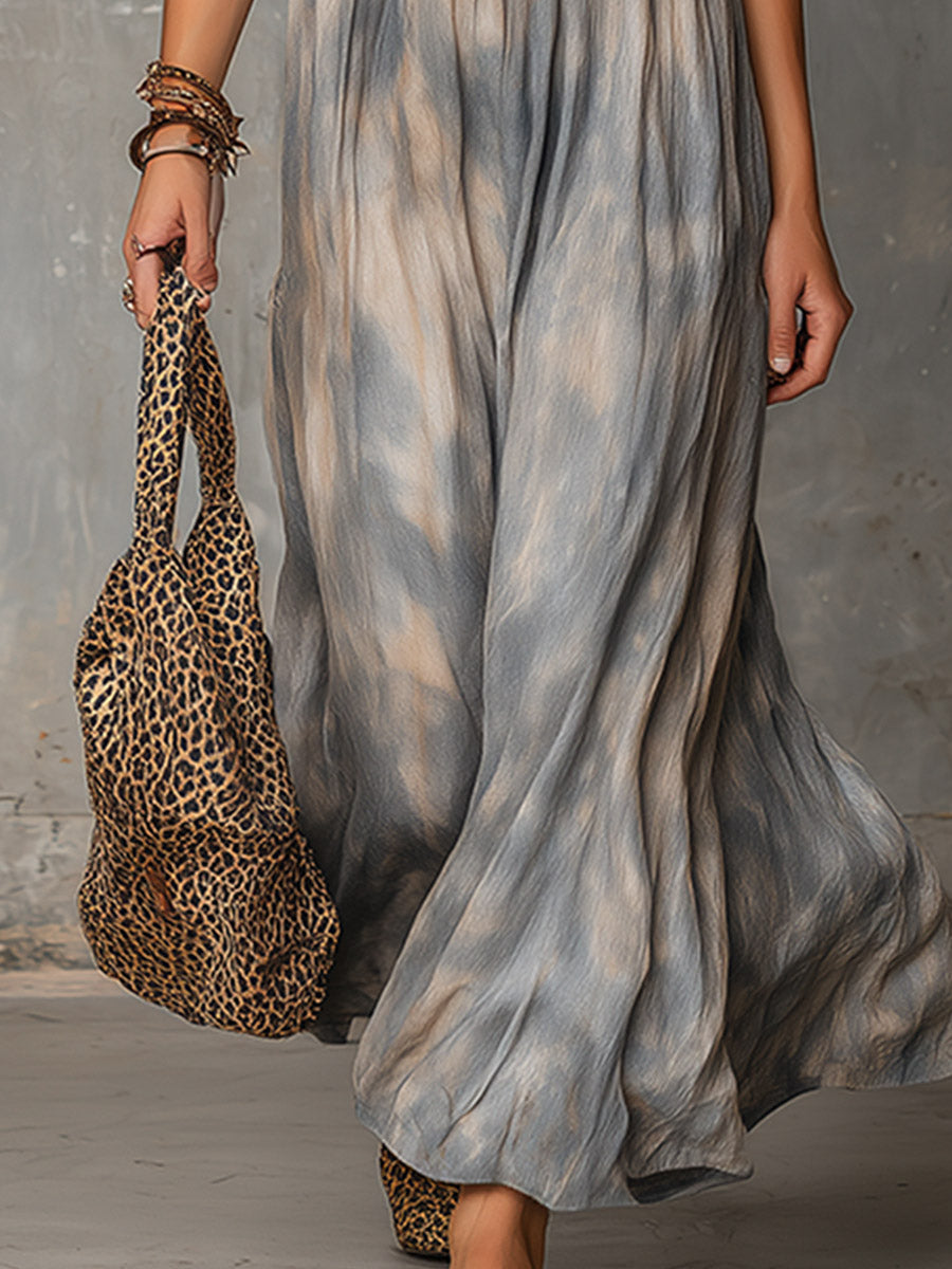 Vintage-style Bohemian Oil Painting Print Dusty Blue Cotton-linen Maxi Dress