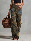 Retro Casual Workwear Olive Green Camouflage Denim Pants