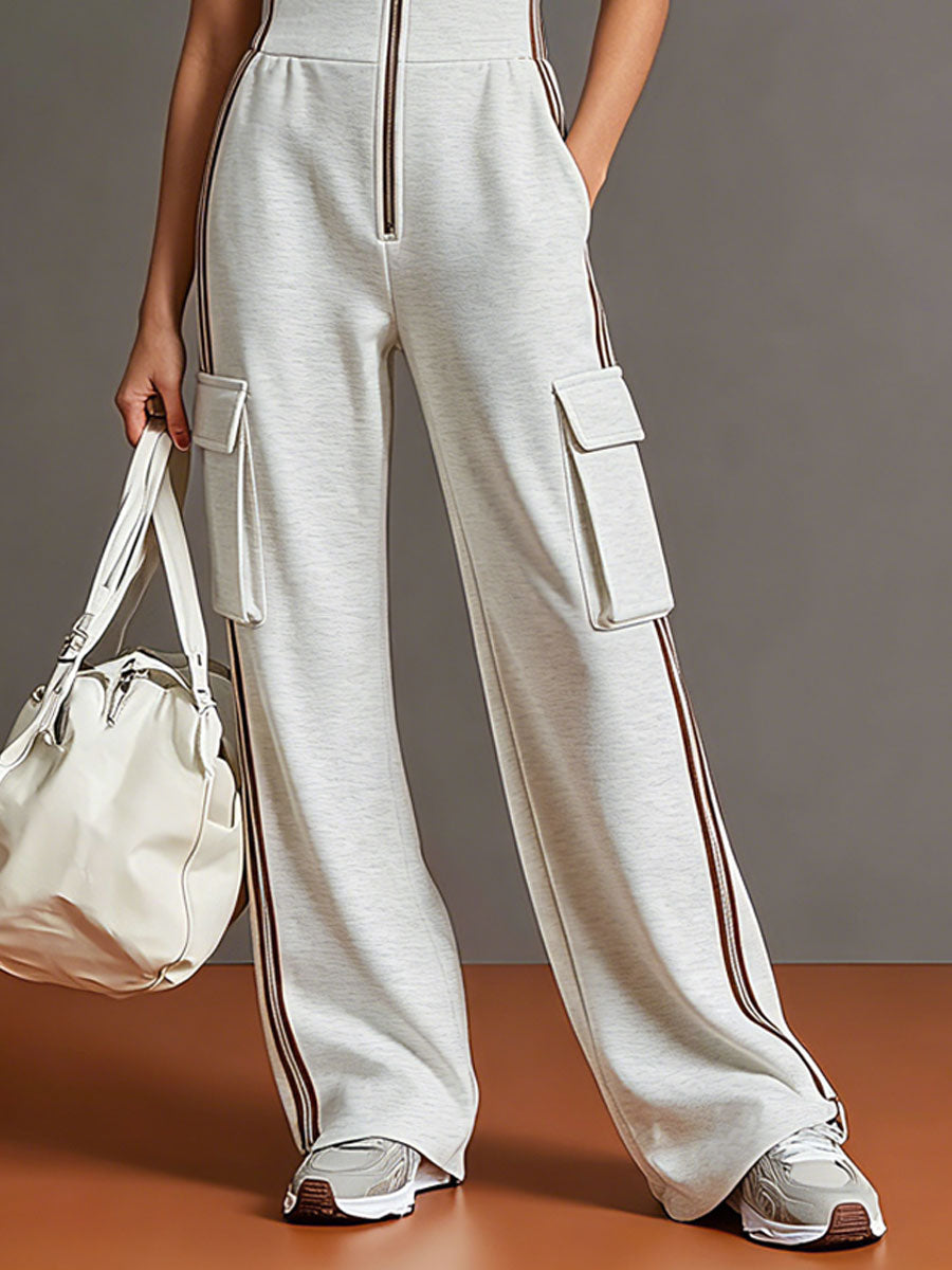 Sporty Retro Striped Webbing Grey And White Cotton Square Neck Zipper Sleeveless Jumpsuit