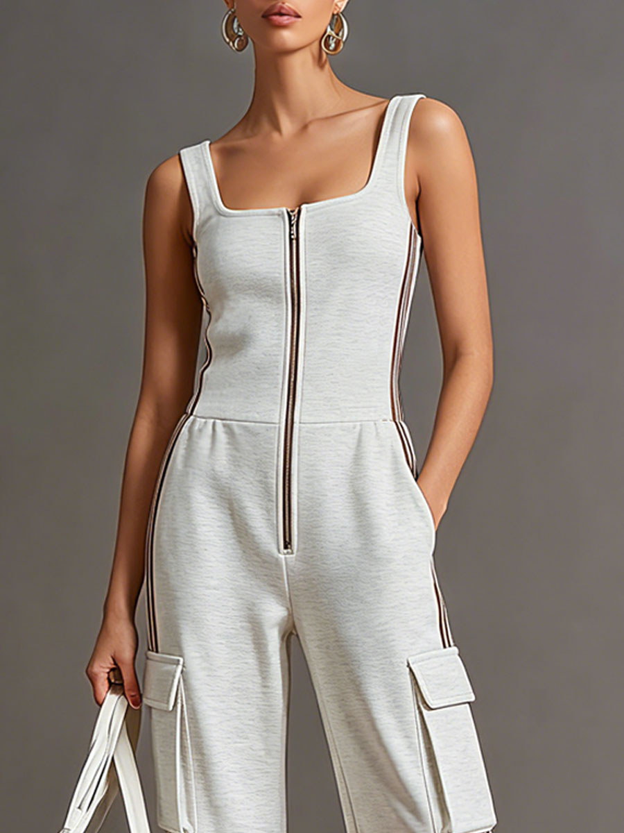 Sporty Retro Striped Webbing Grey And White Cotton Square Neck Zipper Sleeveless Jumpsuit