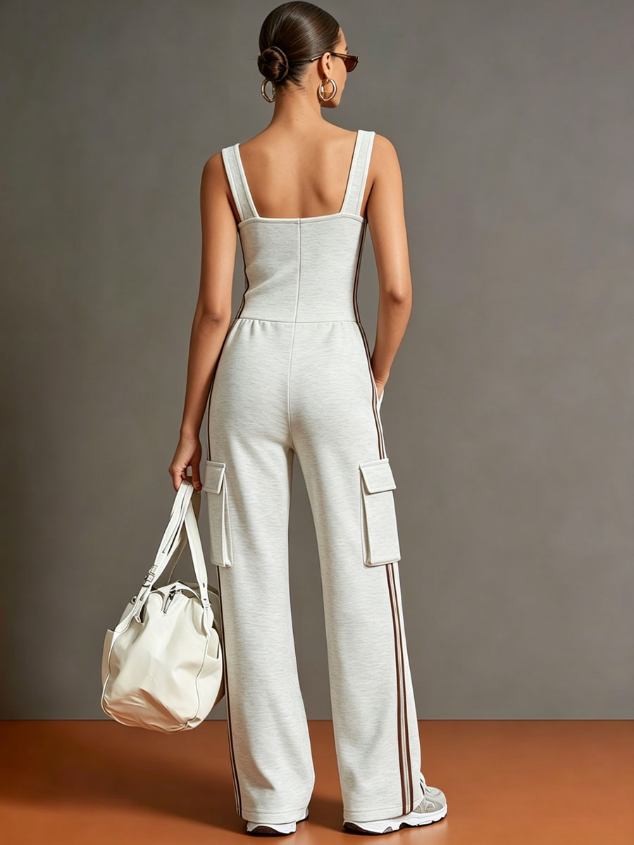 Sporty Retro Striped Webbing Grey And White Cotton Square Neck Zipper Sleeveless Jumpsuit