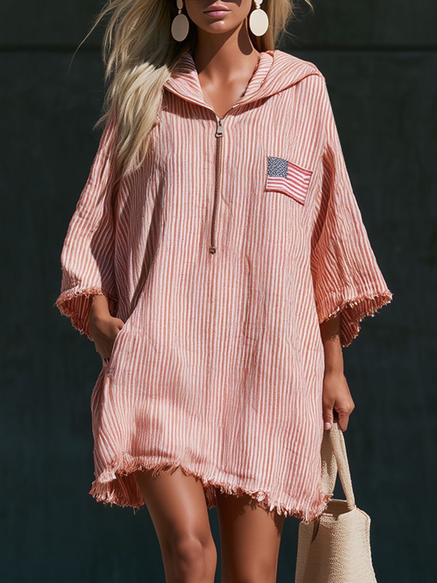 Vintage American Flag Embroidered Hooded Red And White Striped Cotton And Linen Mini Dress