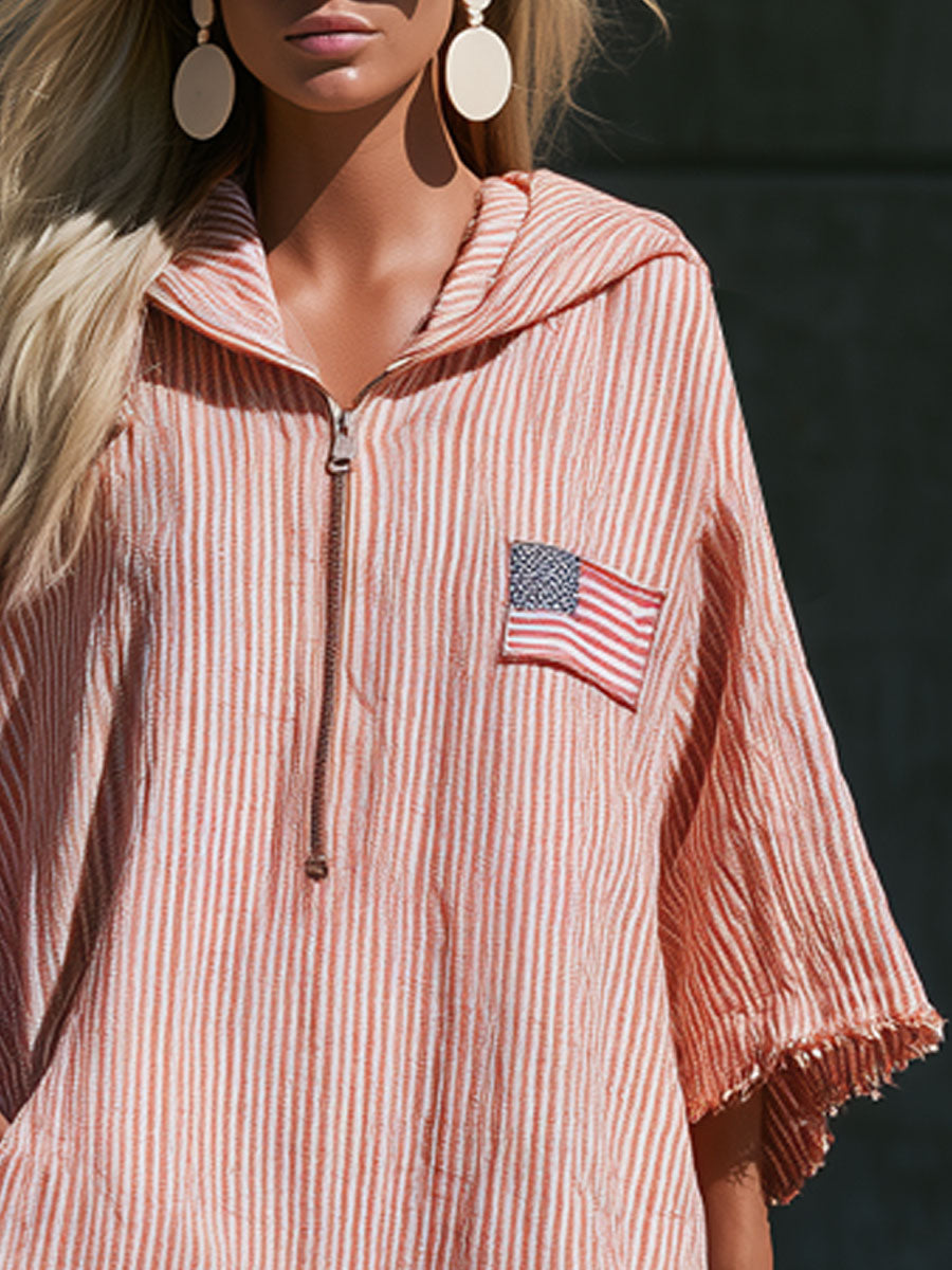 Vintage American Flag Embroidered Hooded Red And White Striped Cotton And Linen Mini Dress