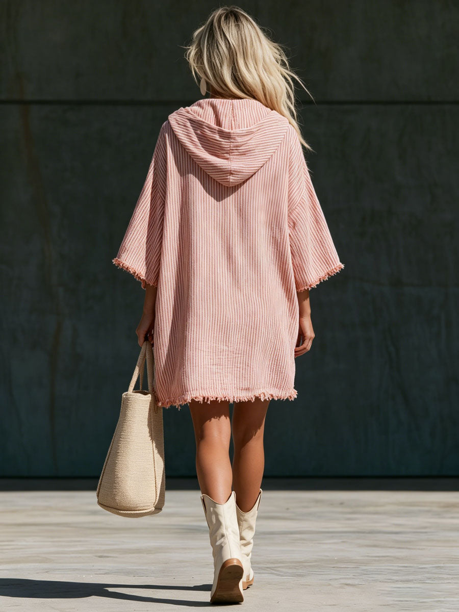 Vintage American Flag Embroidered Hooded Red And White Striped Cotton And Linen Mini Dress