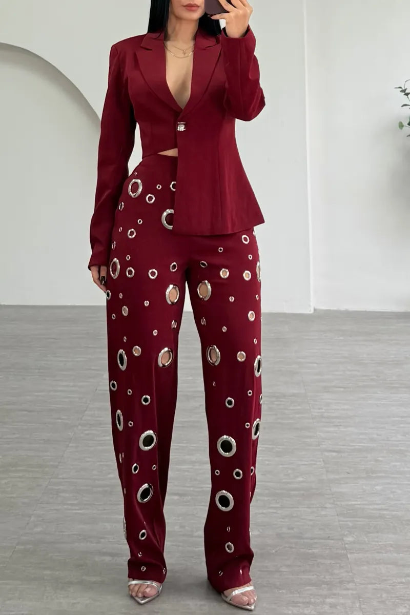 Burgundy Asymmetric Blazer and Grommet Pants Set
