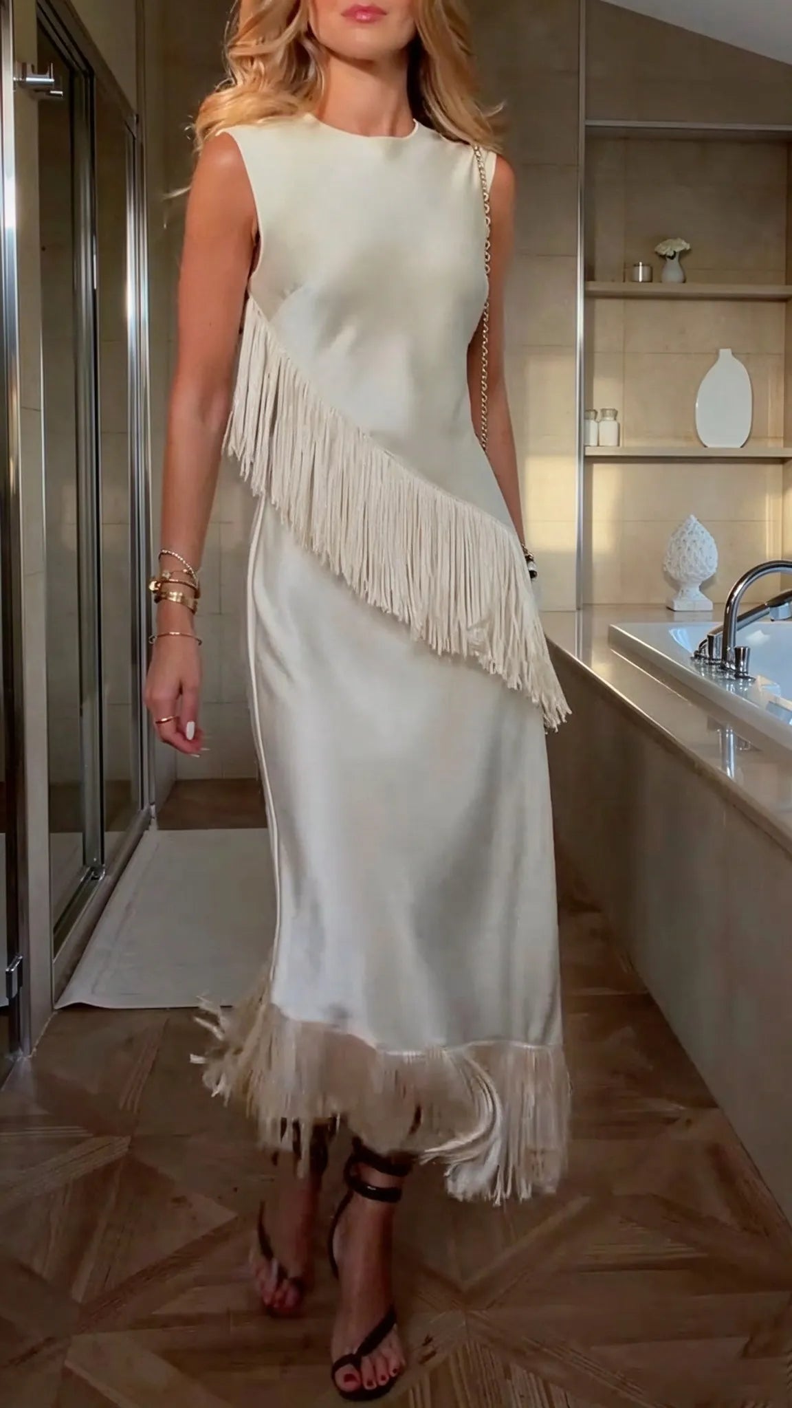 Ivory Sleeveless Asymmetric Fringe Midi Dress