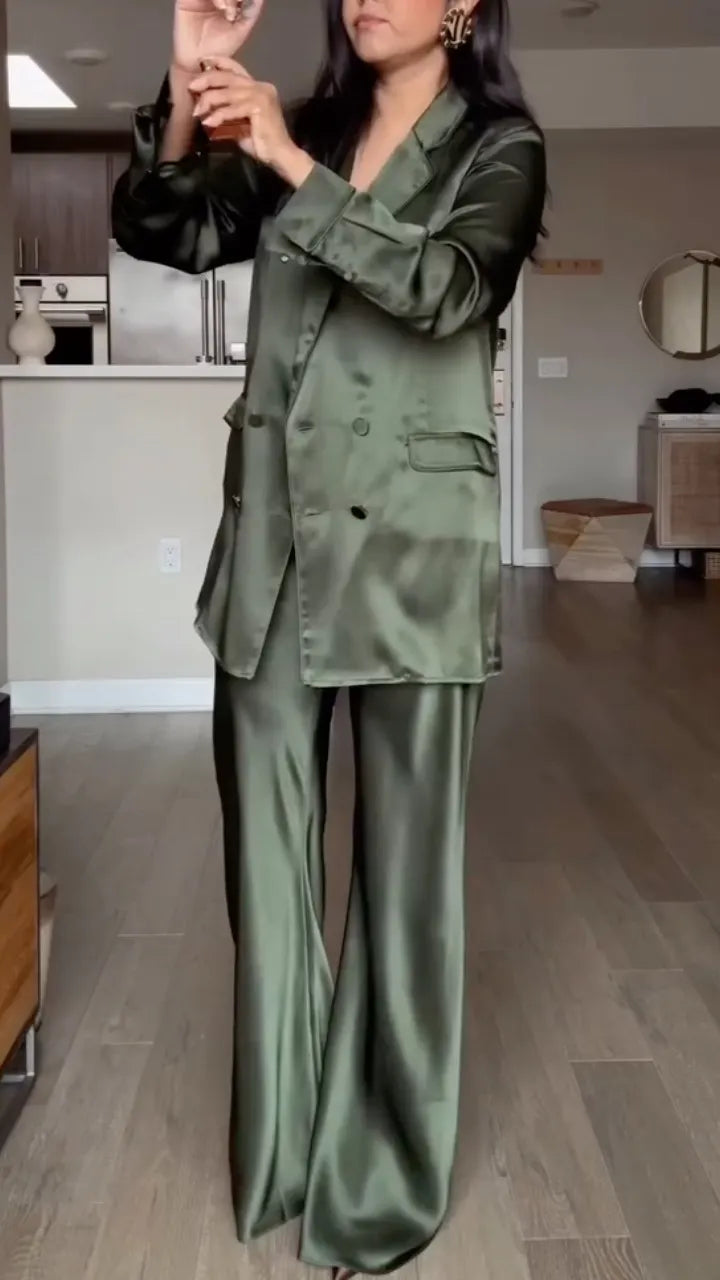 Olive Satin-Look Longline Shirt and Wide-Leg Pants Set