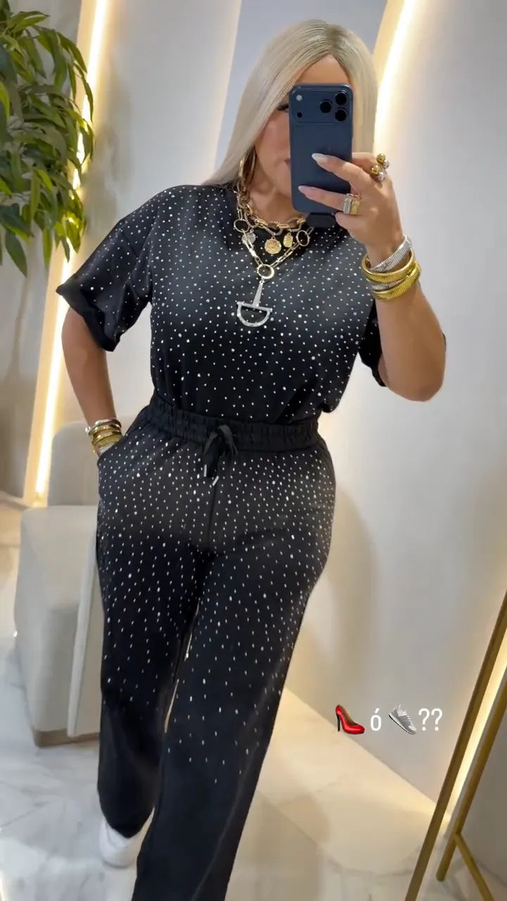 Black Sparkle-Dot Top & Drawstring Pants Set