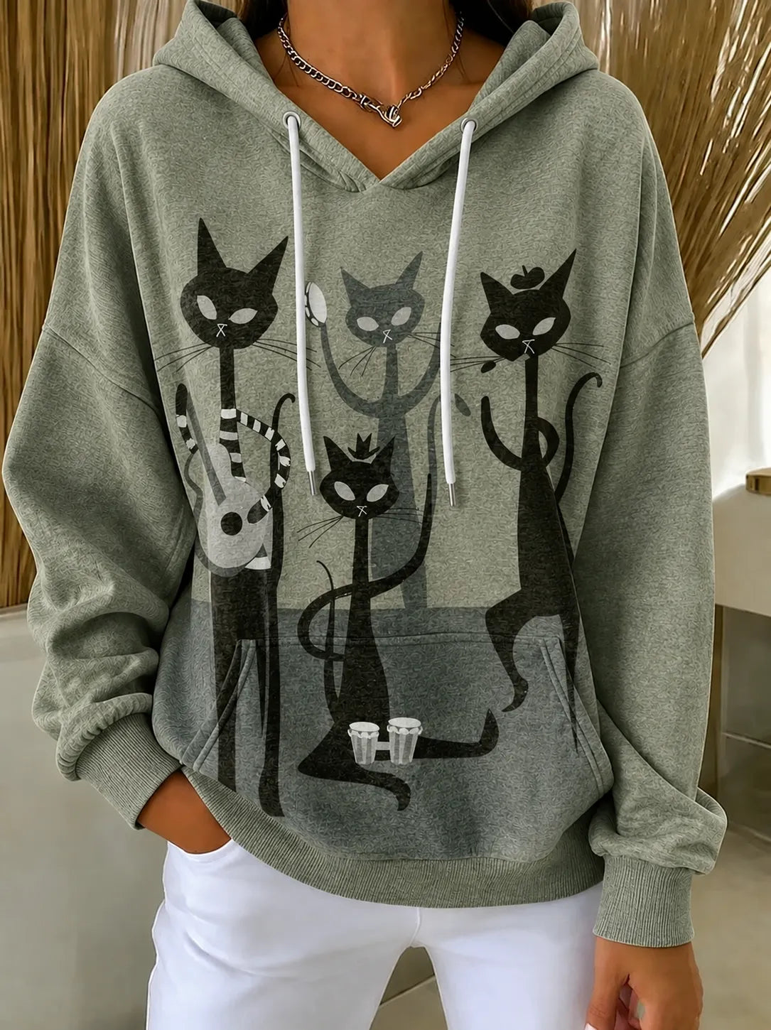 Female - Jazz Band Black Cat Print Sweatshirt