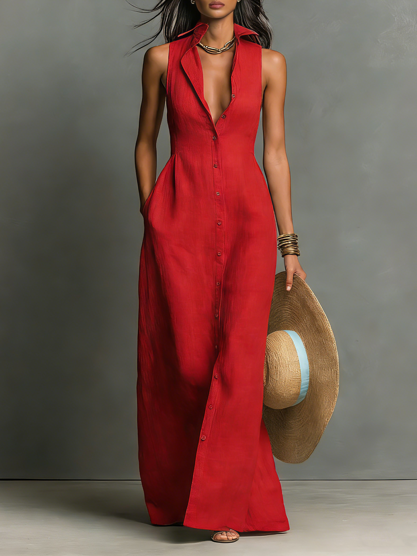 Women's Minimalist Linen-Blend Collared Single-Breasted Sleeveless Maxi Shirt Dress MDZ1011C0Y