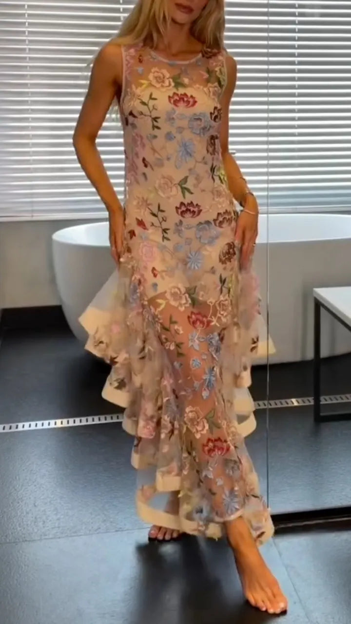 Blush Floral-Embroidered Sheer Ruffle Maxi Dress
