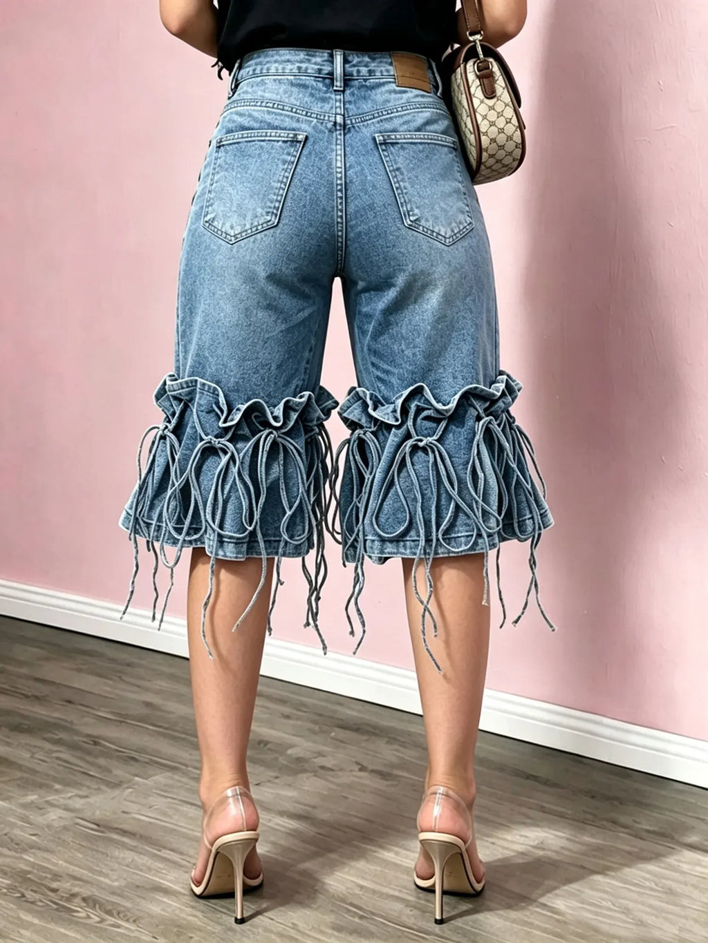 Blue Ruffle-and-Tie Hem Denim Bermuda Shorts