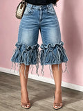 Blue Ruffle-and-Tie Hem Denim Bermuda Shorts
