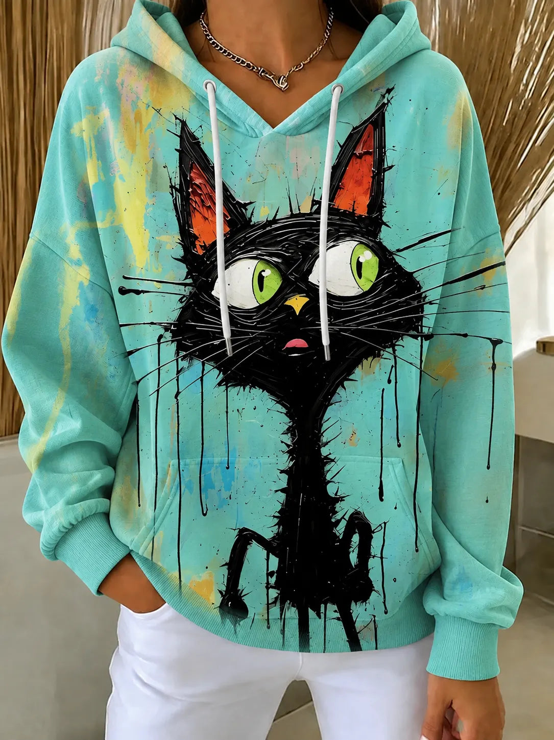 Women's - Oil Paint Cat Print Sweatshirt