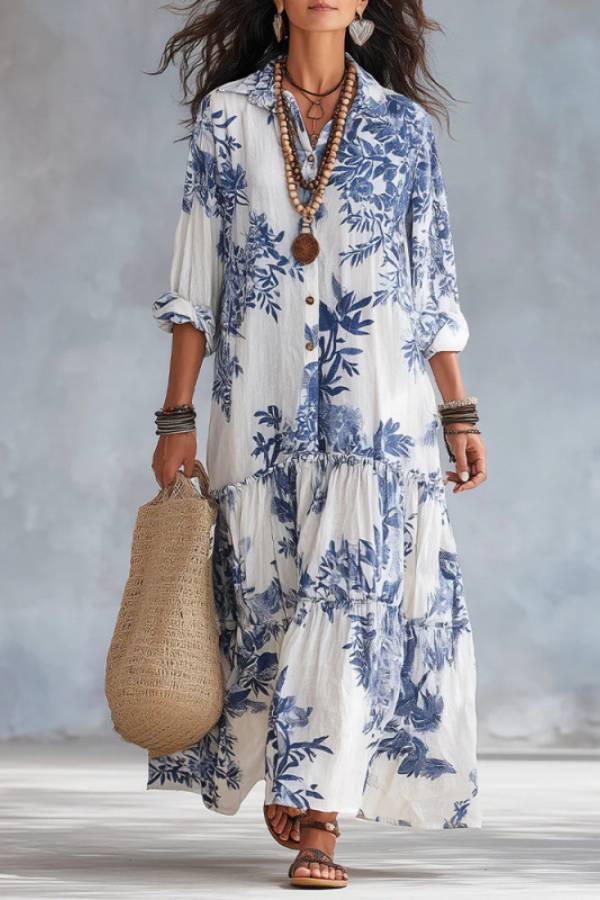 Boho Floral Print Shirt Maxi Dress