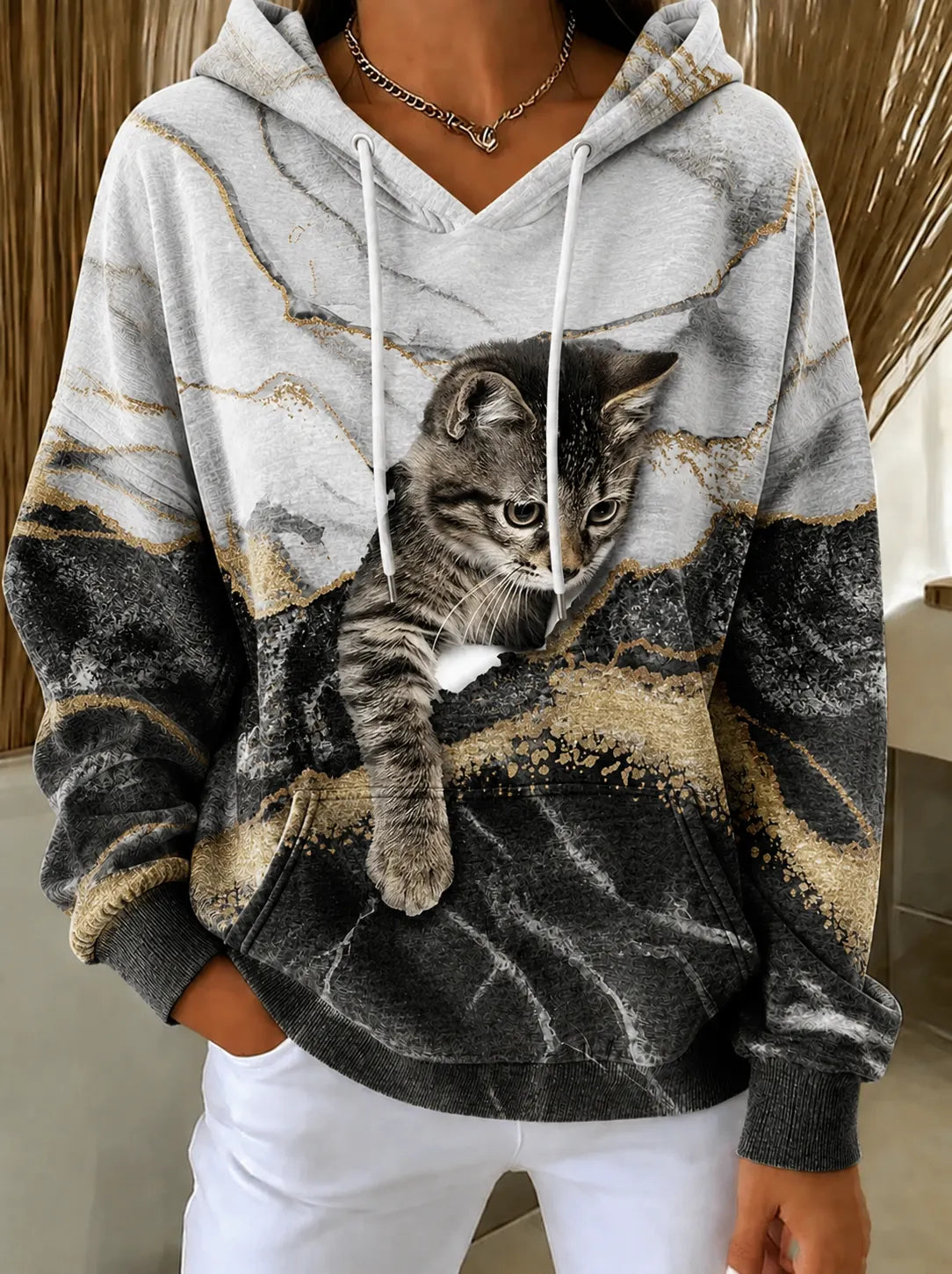 Women's Cat Marble Print Sweatshirt