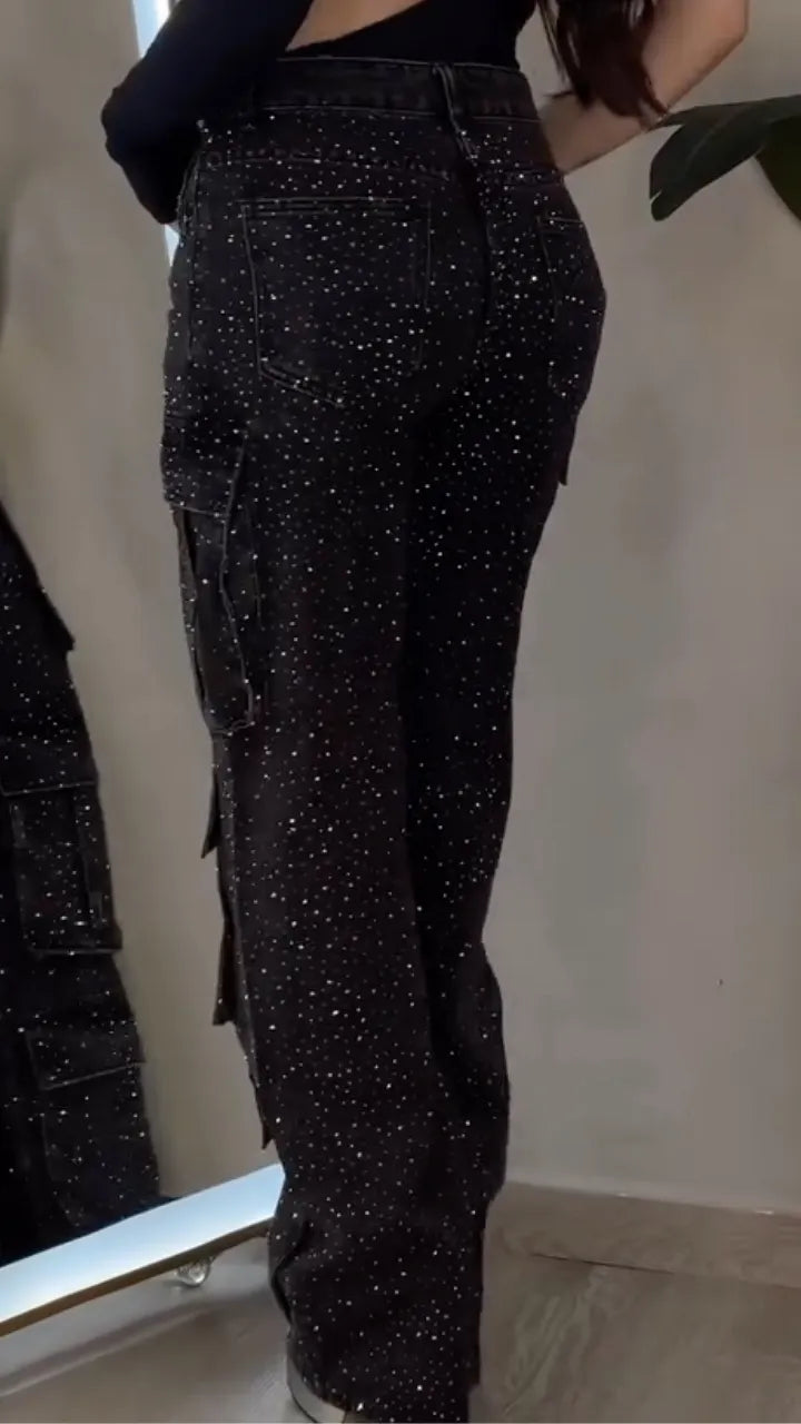 Black Allover Sparkle Multi-Pocket Cargo Jeans