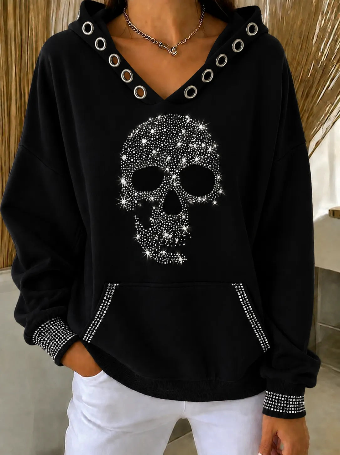Women's - Rhinestone Eyelet Print Sweatshirt