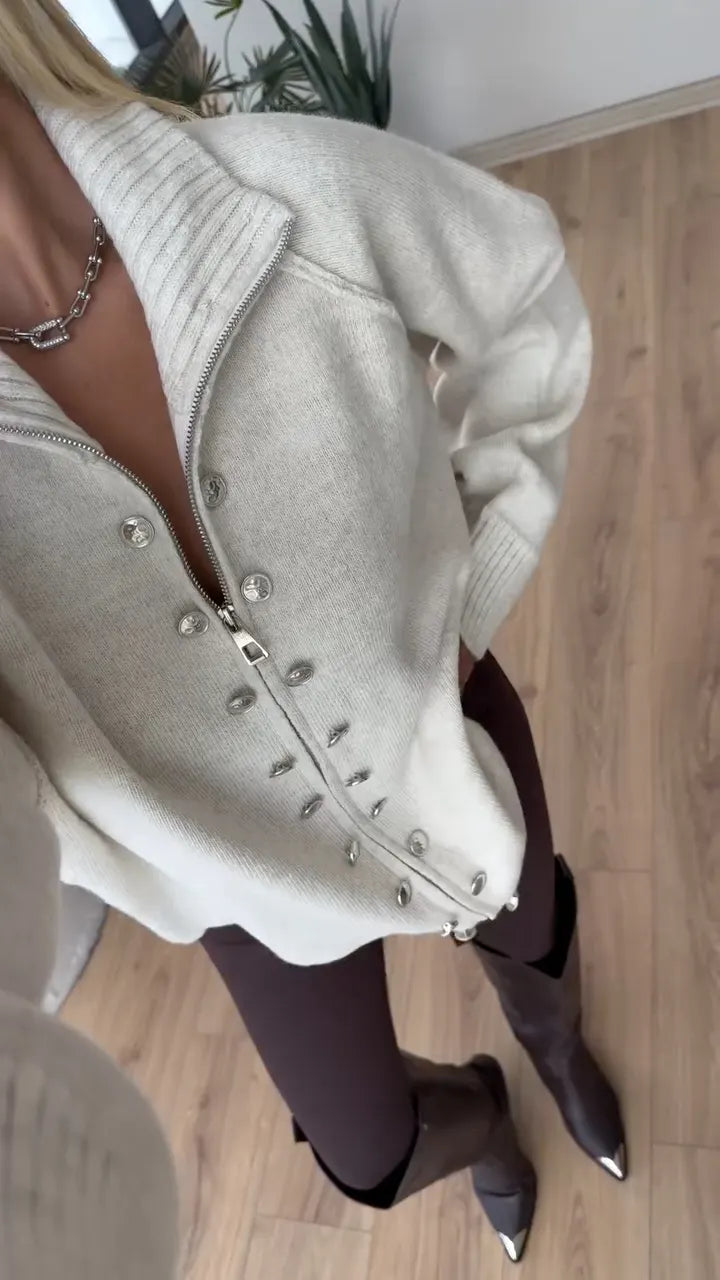 Olive Zip-Front Knit Cardigan with Metallic Button Details