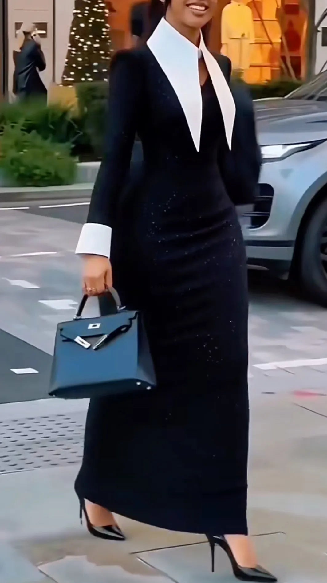 Black Sparkle Dress with Oversized White Pointed Collar
