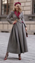 Gray Contrast-Lapel Fit-and-Flare Long Coat