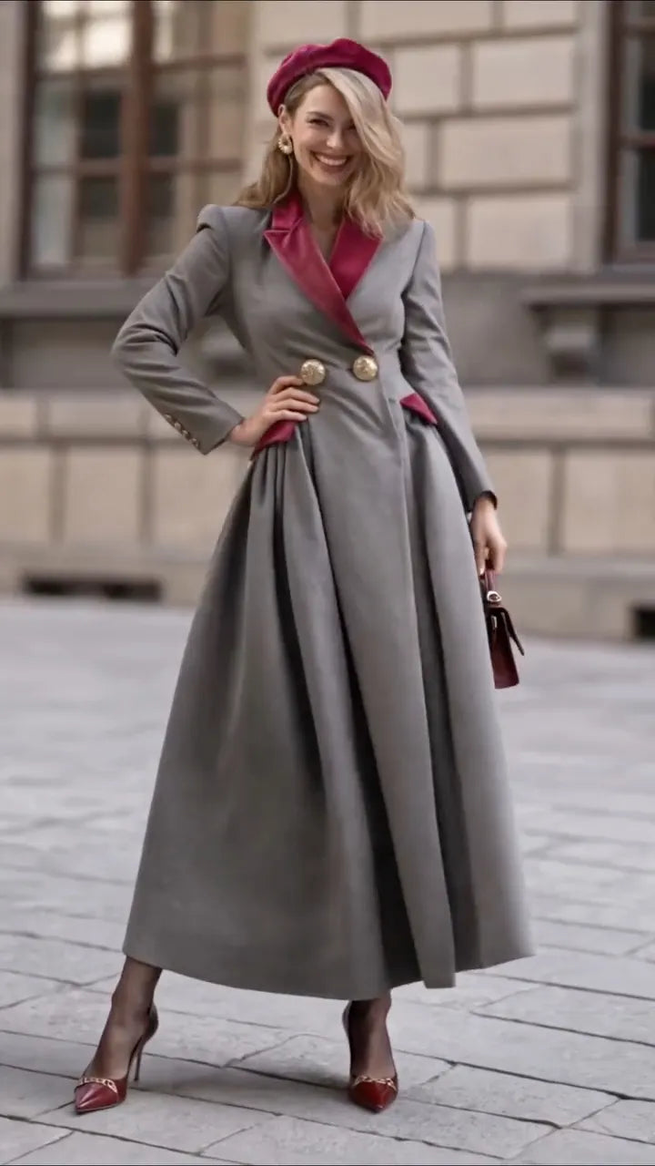 复制Brown Turtleneck Swing Maxi Dress with Teal Lace Hem