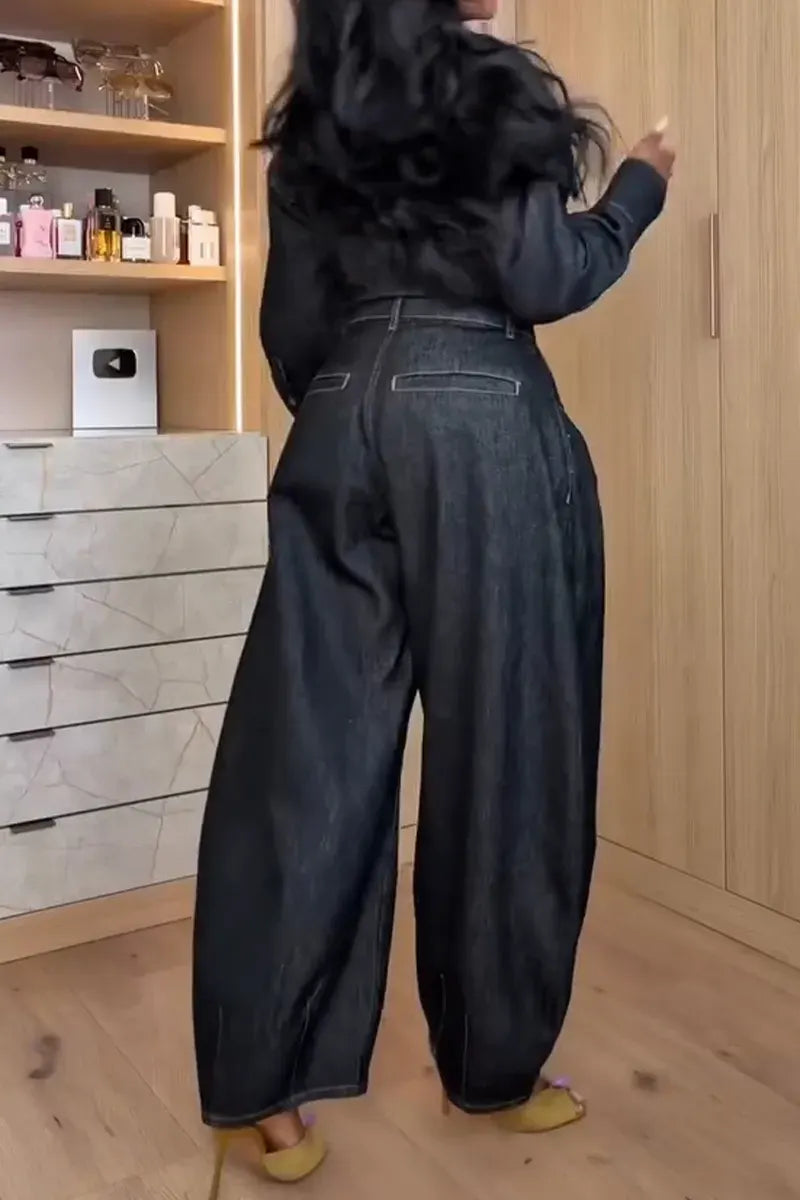 Dark Denim Collared Shirt & Barrel-Leg Pants Set