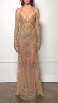 Gold Ornate-Beaded Plunging Sheer Maxi Gown