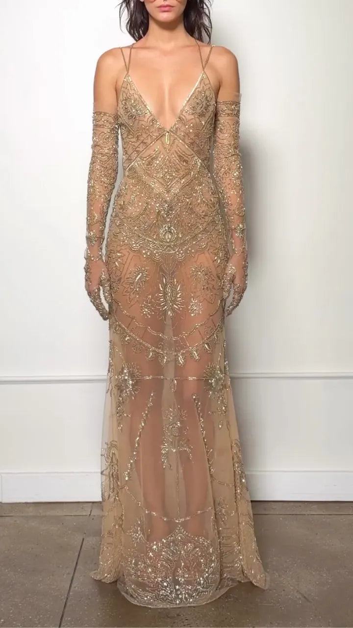 Gold Ornate-Beaded Plunging Sheer Maxi Gown