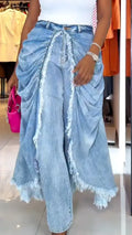 Light Blue Draped-Overlay Raw-Edge Jeans